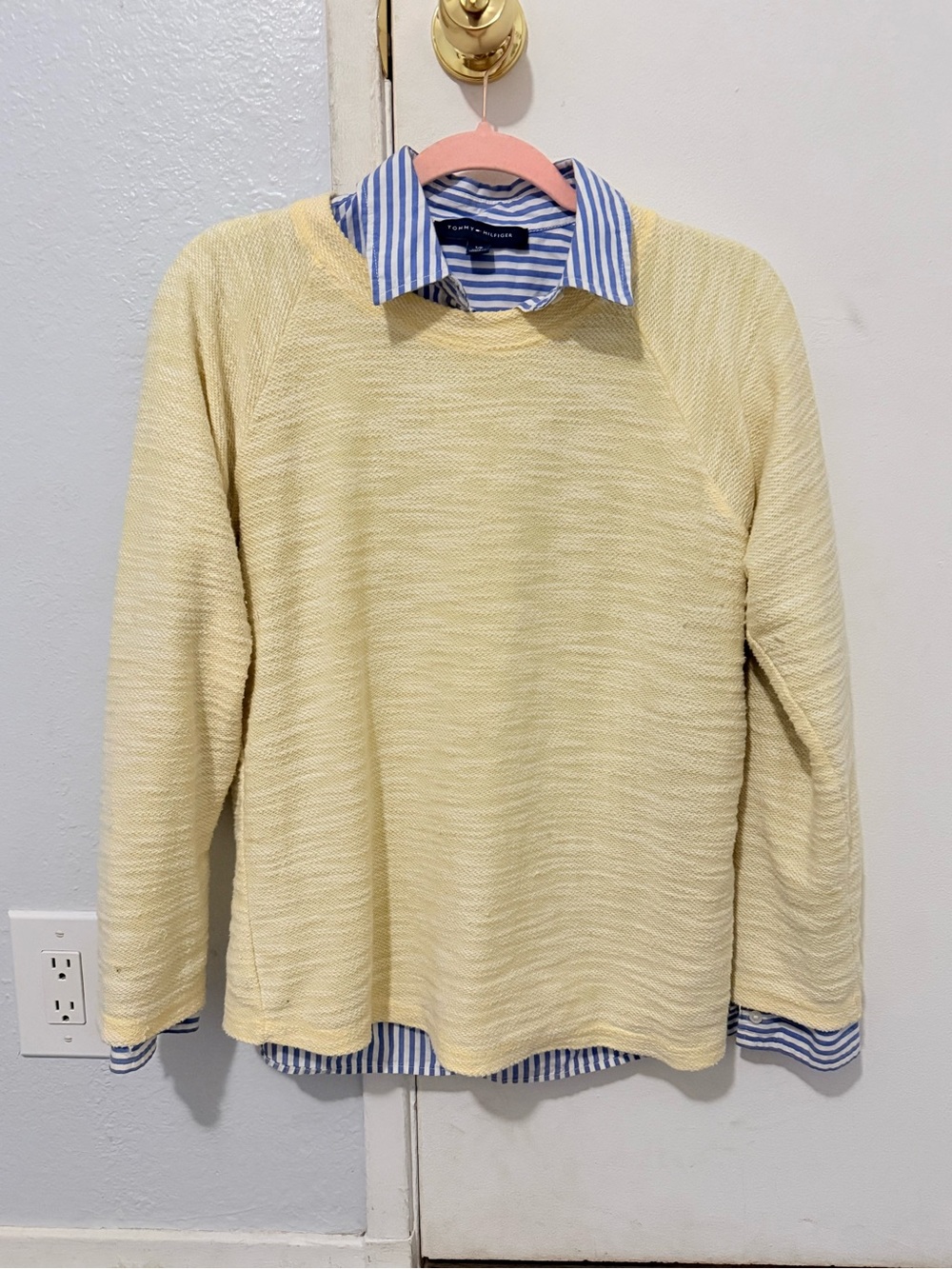 US Vintage Yellow Cream Knit Crewneck Sweater with Tommy Hilfiger blouse